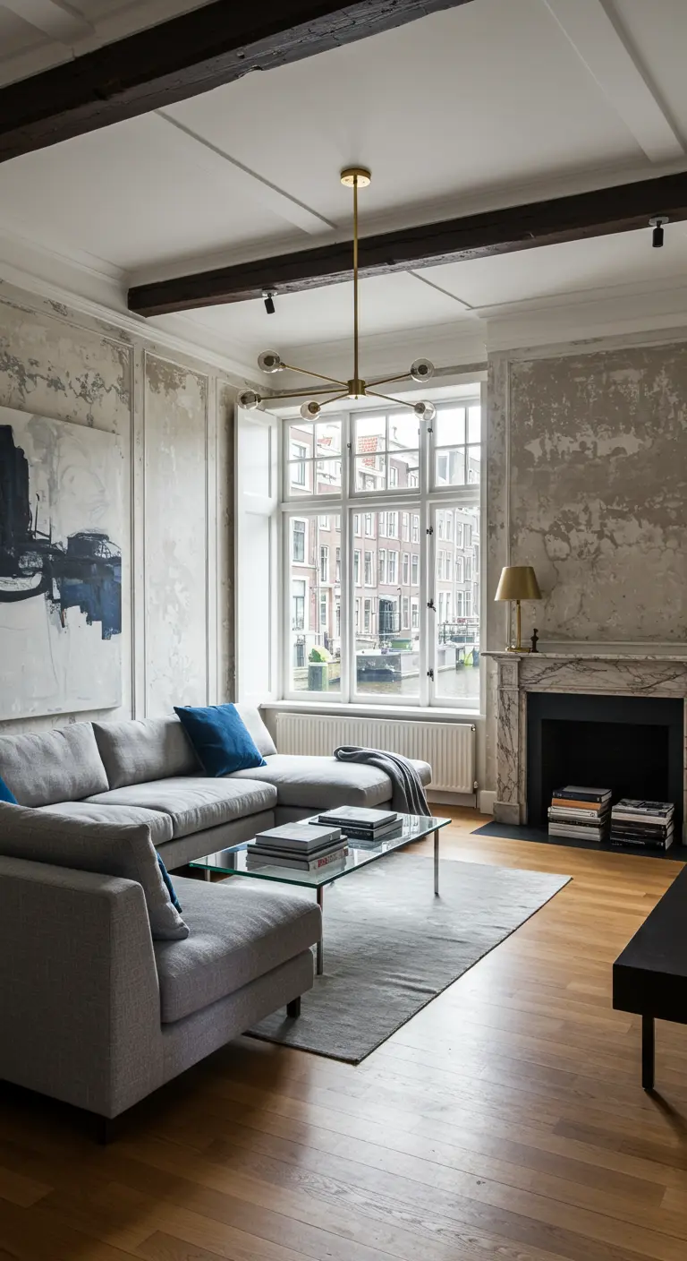 Woonkamer met doorleefde muren, moderne grijze hoekbank en uitzicht op grachtenpanden.