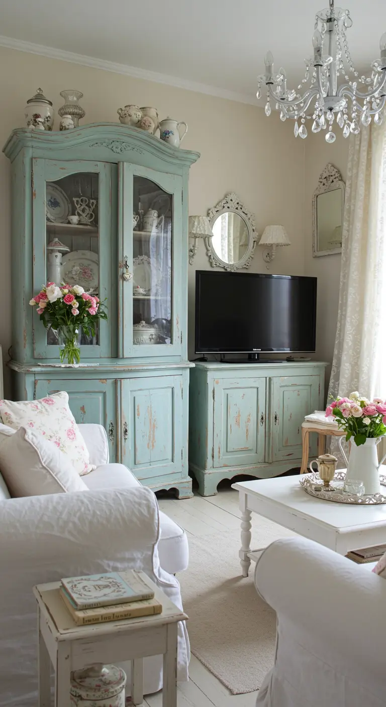 Shabby chic woonkamer met turquoise buffetkast en bijpassend tv-meubel.