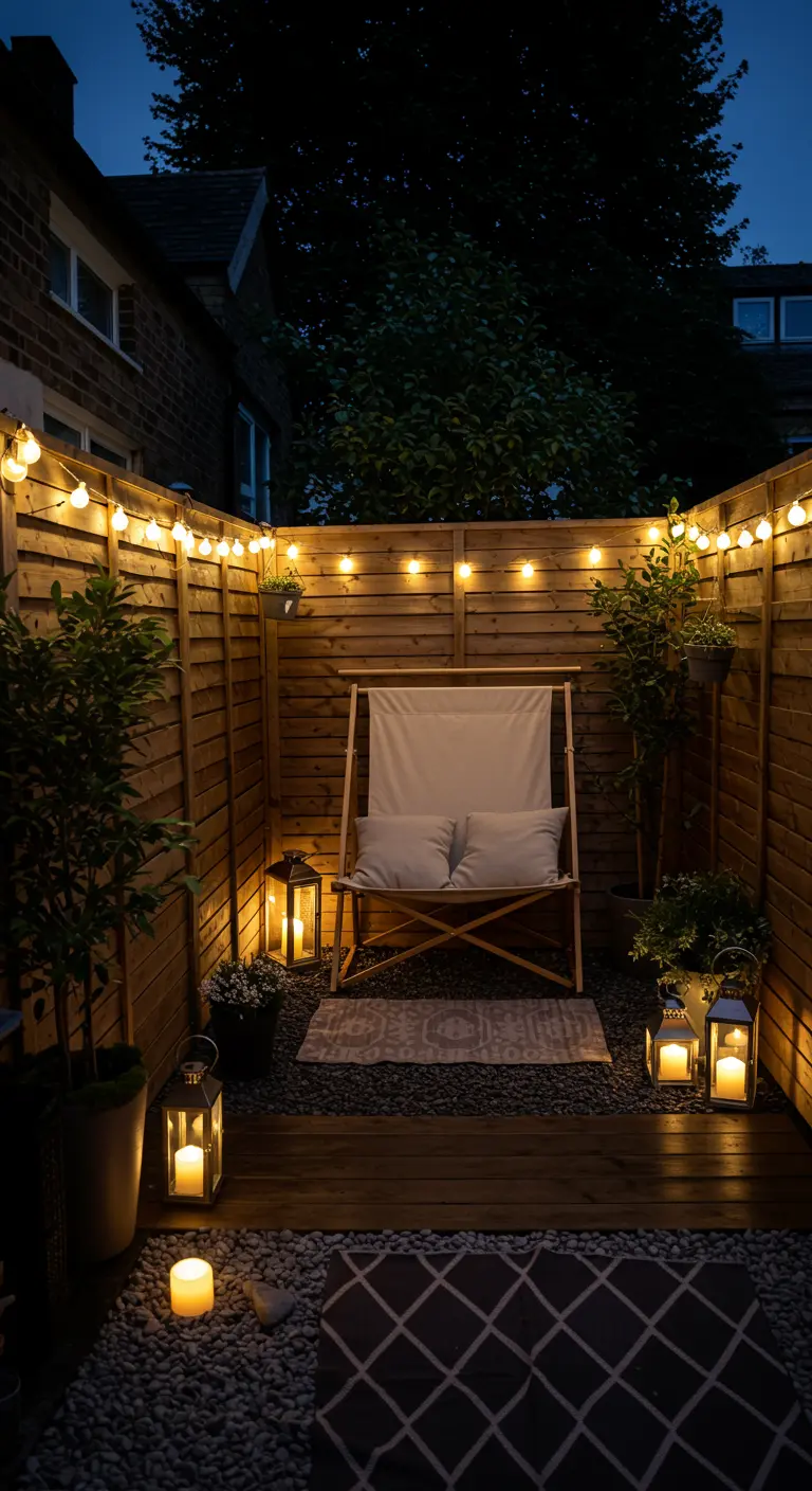 Kleine, beschutte patio met houten schutting, stoel, lichtsnoer en lantaarns 's nachts.