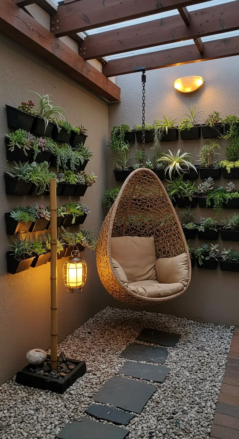Rotan hangstoel in patio met verticale tuinen en sfeervolle verlichting.