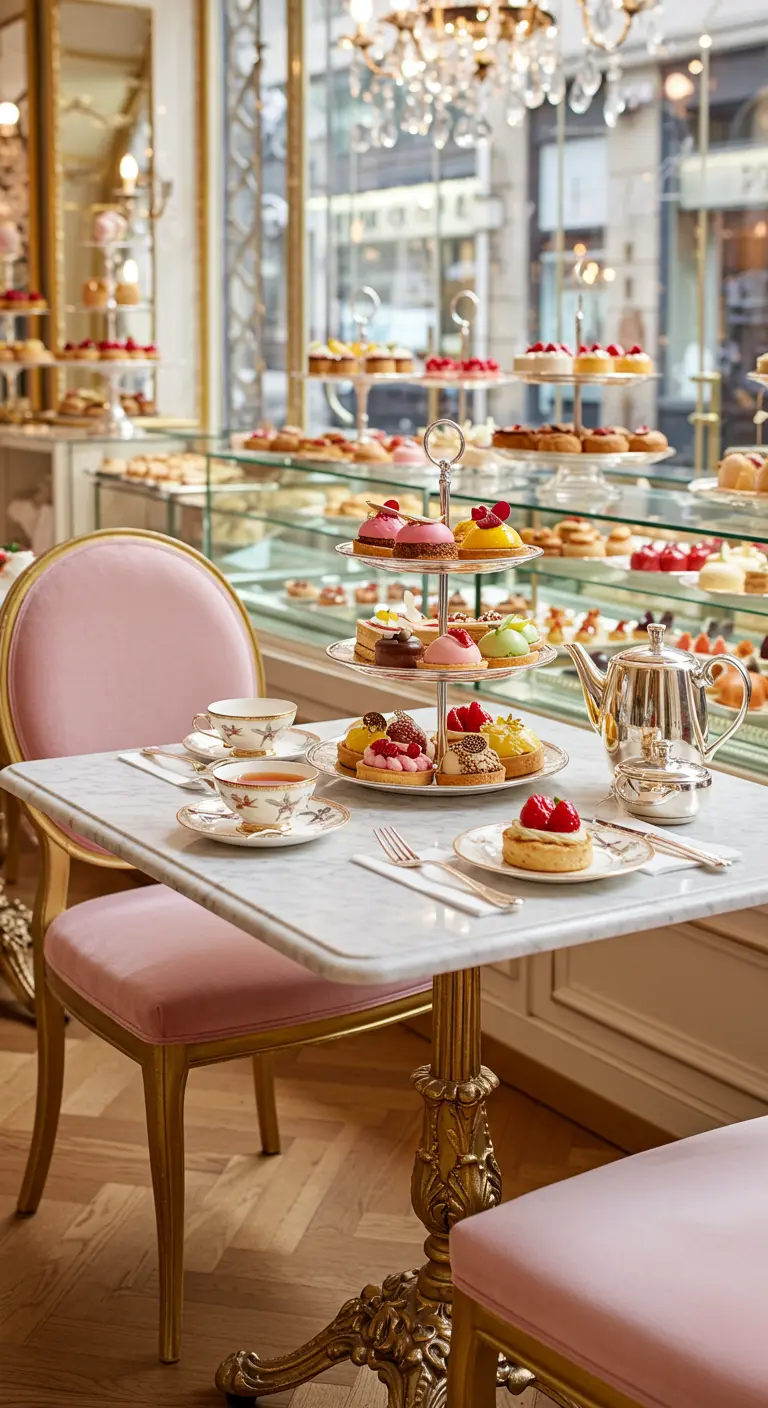 Luxe patisserie setting met roze stoel, marmeren tafel en etagère met gebak.