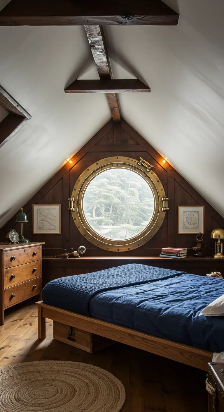 Zolderslaapkamer met een groot rond patrijspoort-stijl raam en donkerhouten accenten.