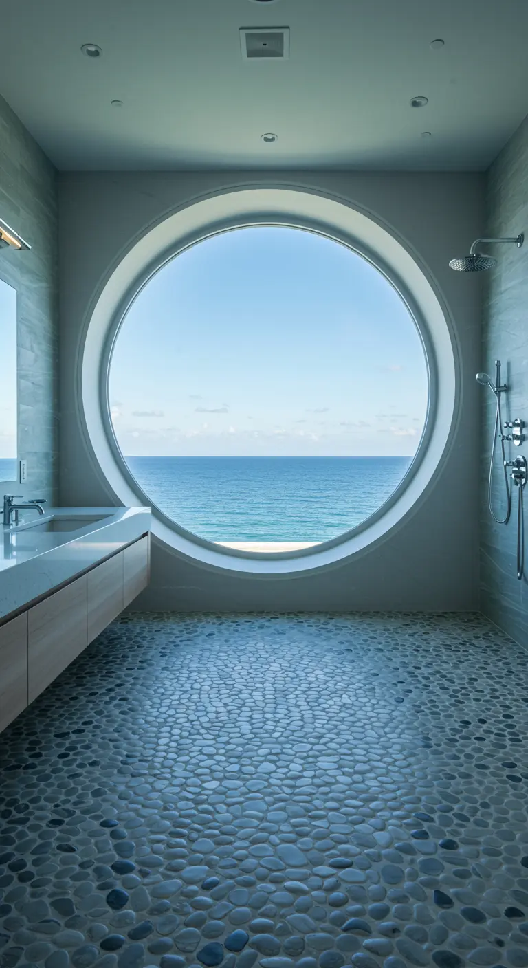 Badkamer met groot rond raam dat uitkijkt op de oceaan, kiezelvloer.