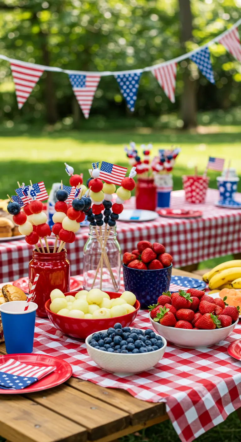 Picknicktafel in rood-wit-blauw thema met fruitspiesjes en vlaggetjes.