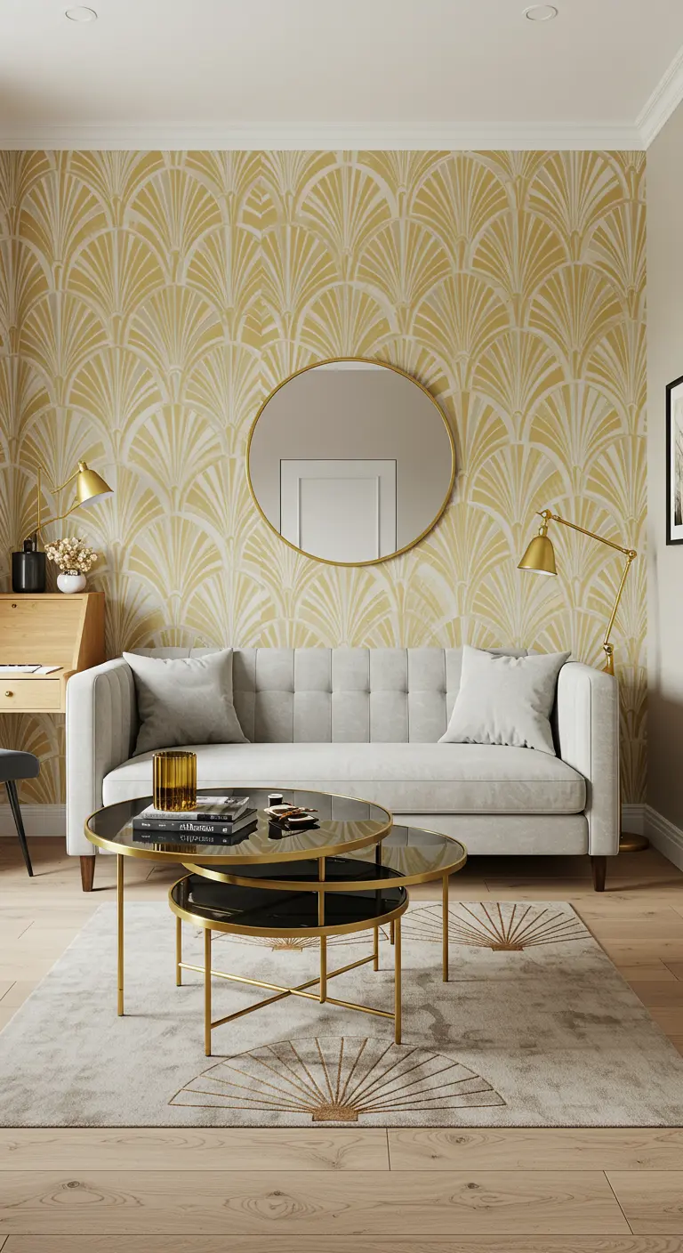 Woonkamer met Art Deco waaierbehang, grijze bank, messing salontafels en bijpassend vloerkleed.