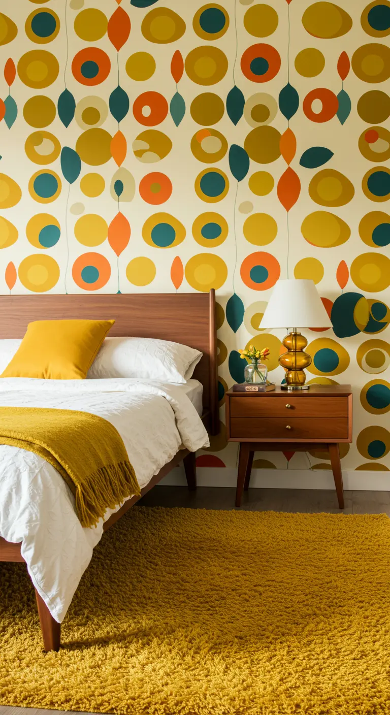 Slaapkamer met geel en oranje organisch patroon behang, walnoothouten bed en gele sprei.