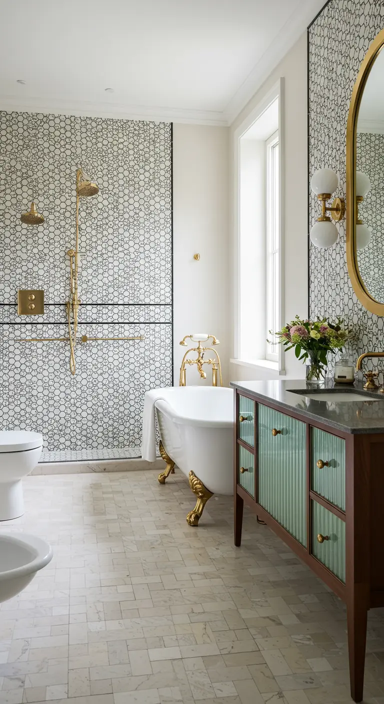 Luxe badkamer met zwarte en witte tegelpatronen, gouden accenten en klassiek bad.