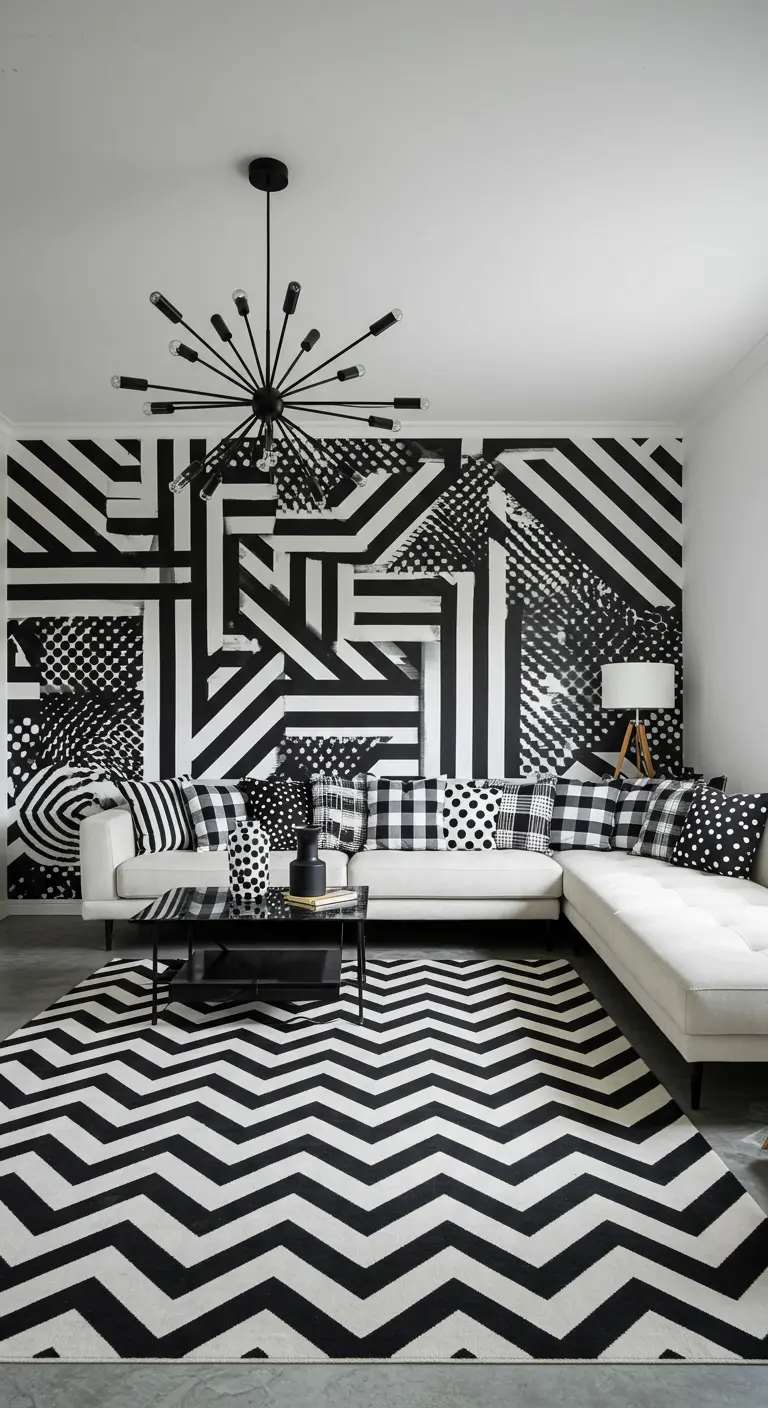 Woonkamer met een geometrisch zwart-wit patroon op de muur en vloerkleed, witte bank.
