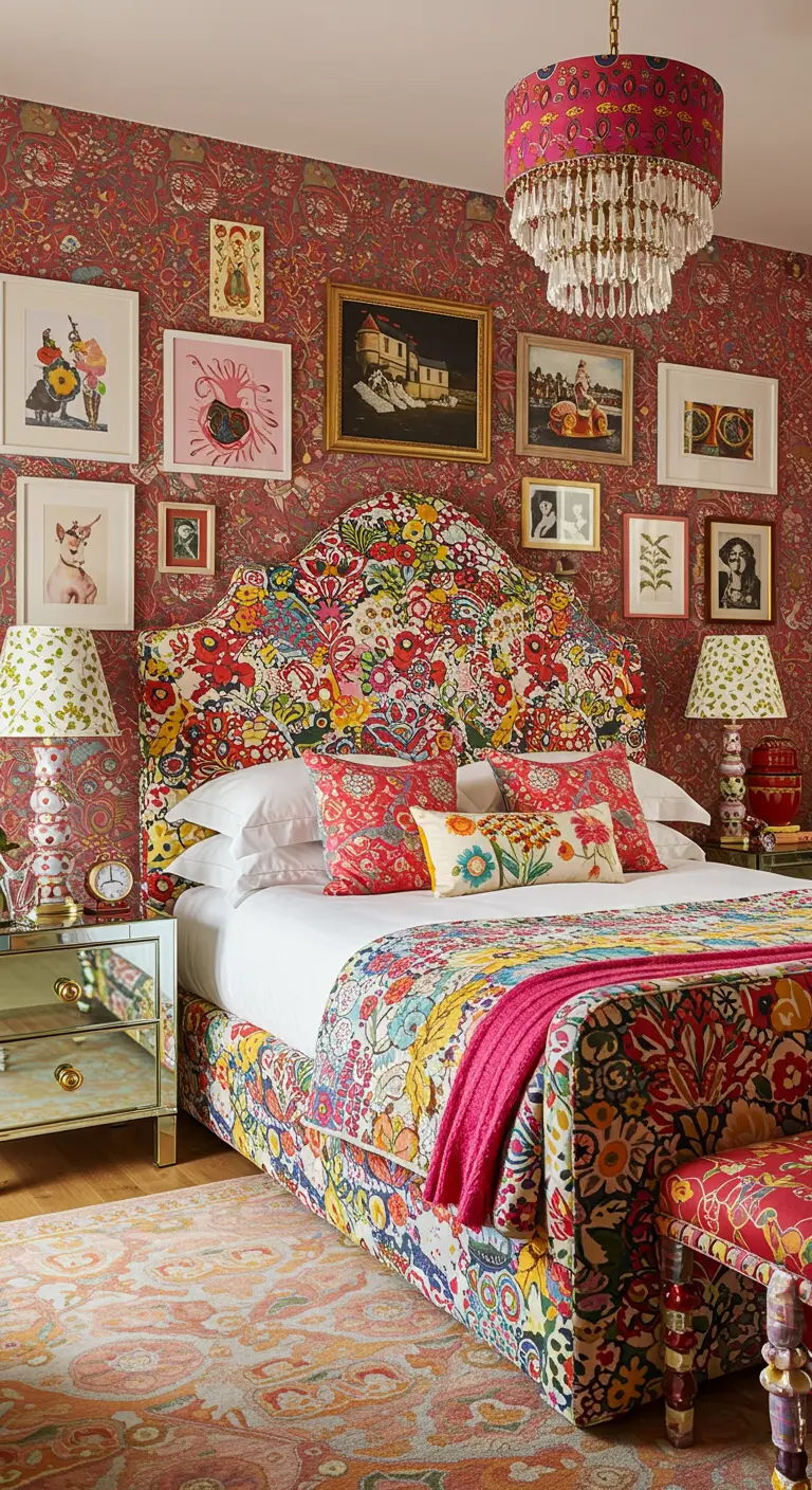 Volledig gestoffeerd bedframe en hoofdbord met explosie van kleurrijke patronen.