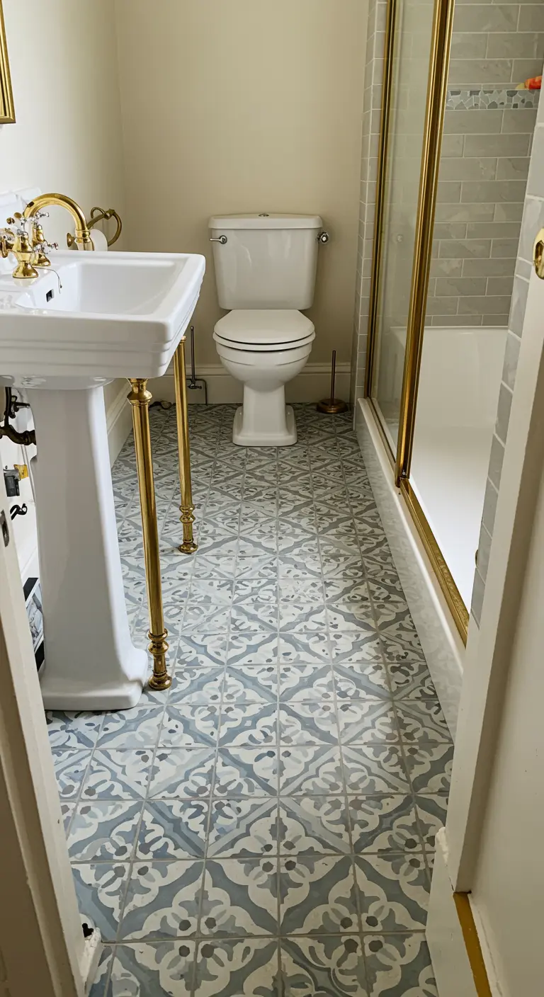 Badkamer met patroontegels op de vloer en gouden sanitairdetails