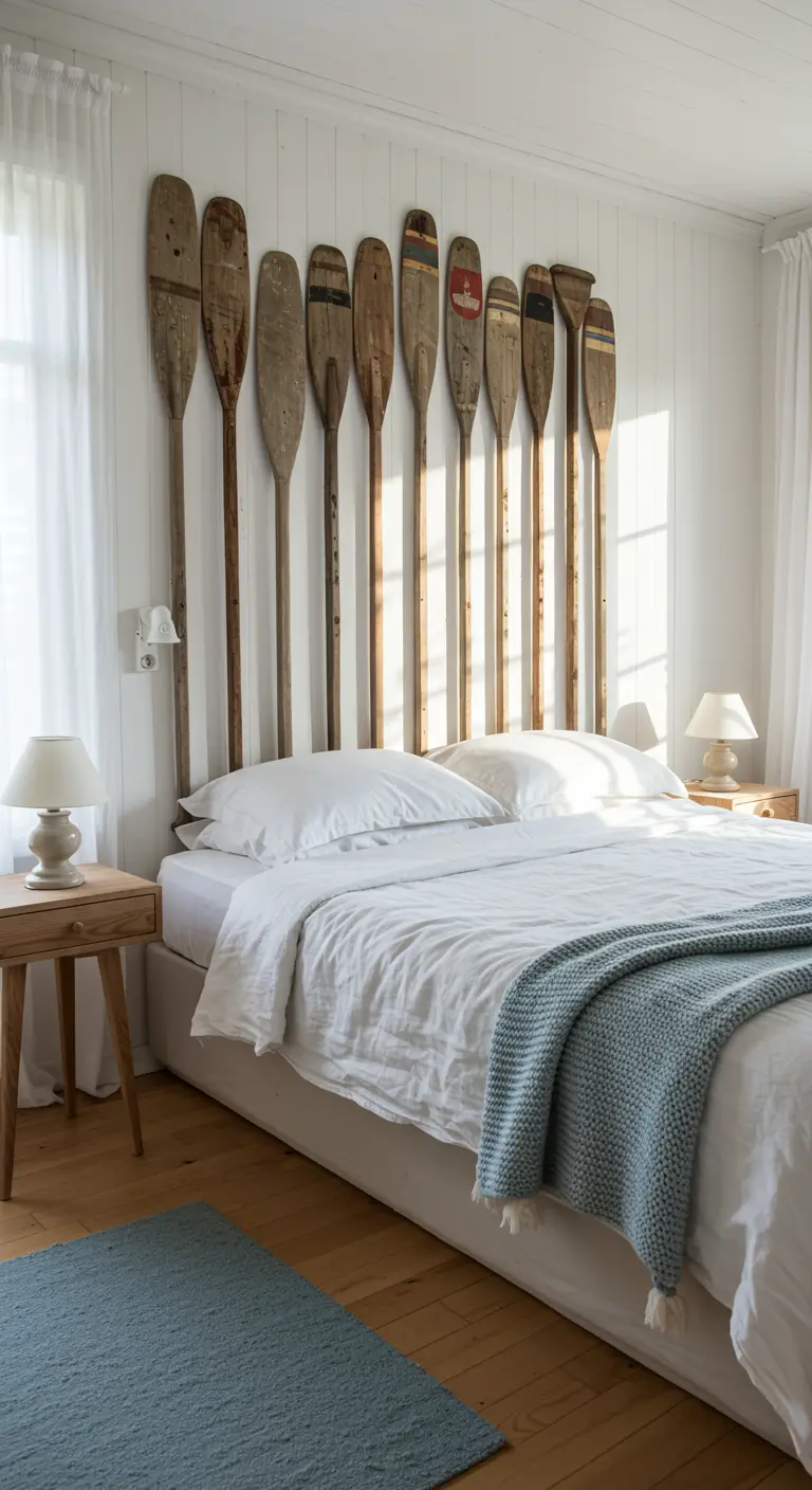 Hoofdbord gemaakt van verticale houten peddels in een lichte slaapkamer.