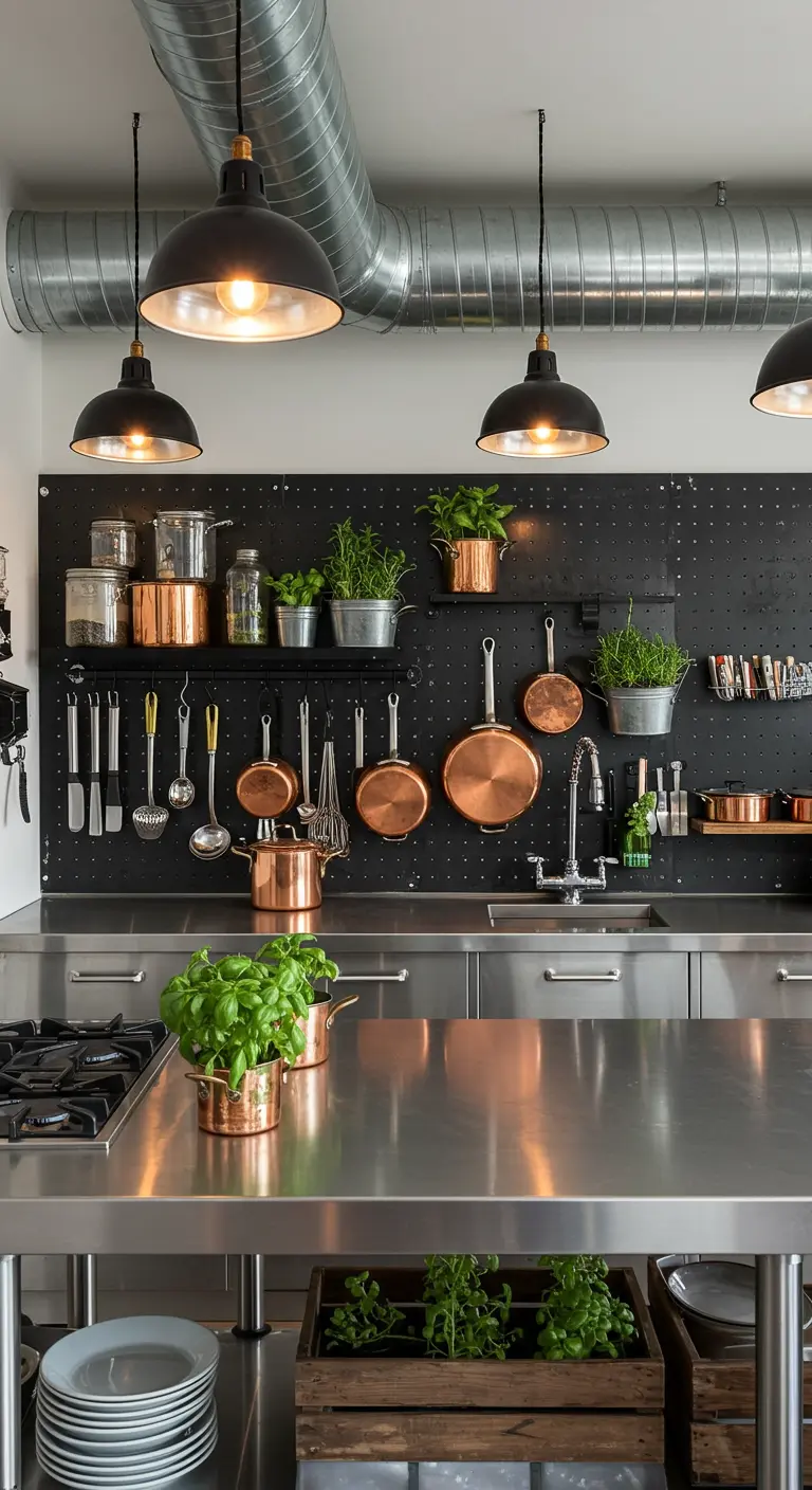 Industriële keuken met een zwart pegboard waarop koperen pannen en keukengerei hangen.