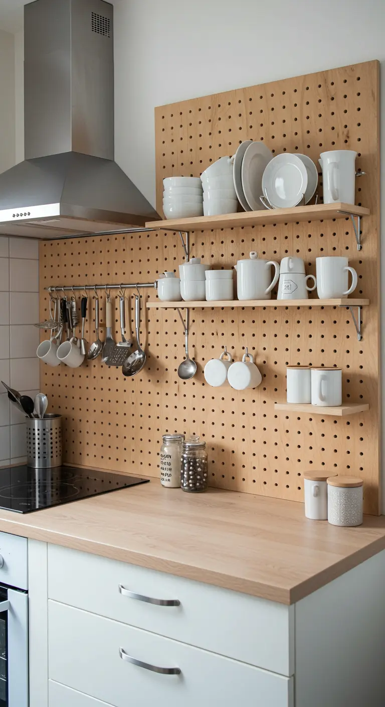 Houten pegboard boven het aanrecht met planken en haken voor wit servies en keukengerei.