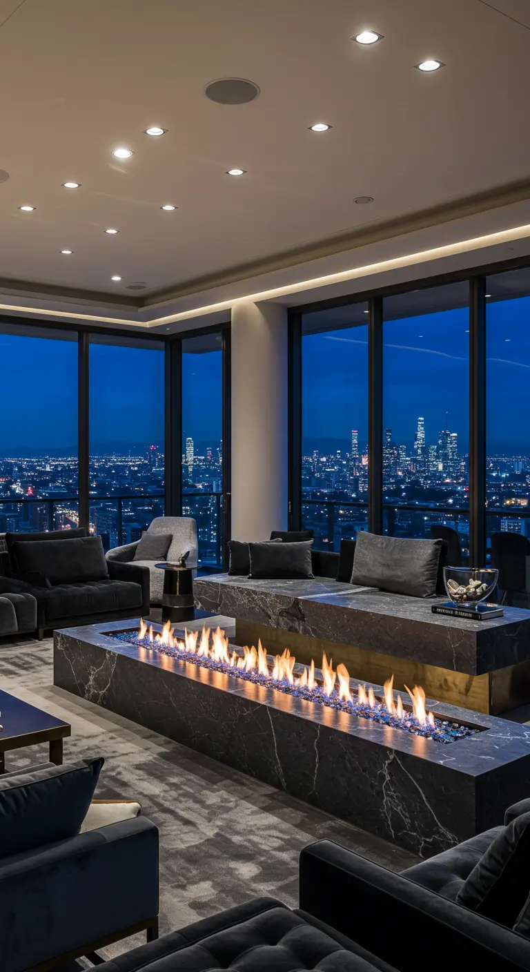Modern penthouse interieur met lange, brede gashaard en uitzicht op de stad 's nachts.