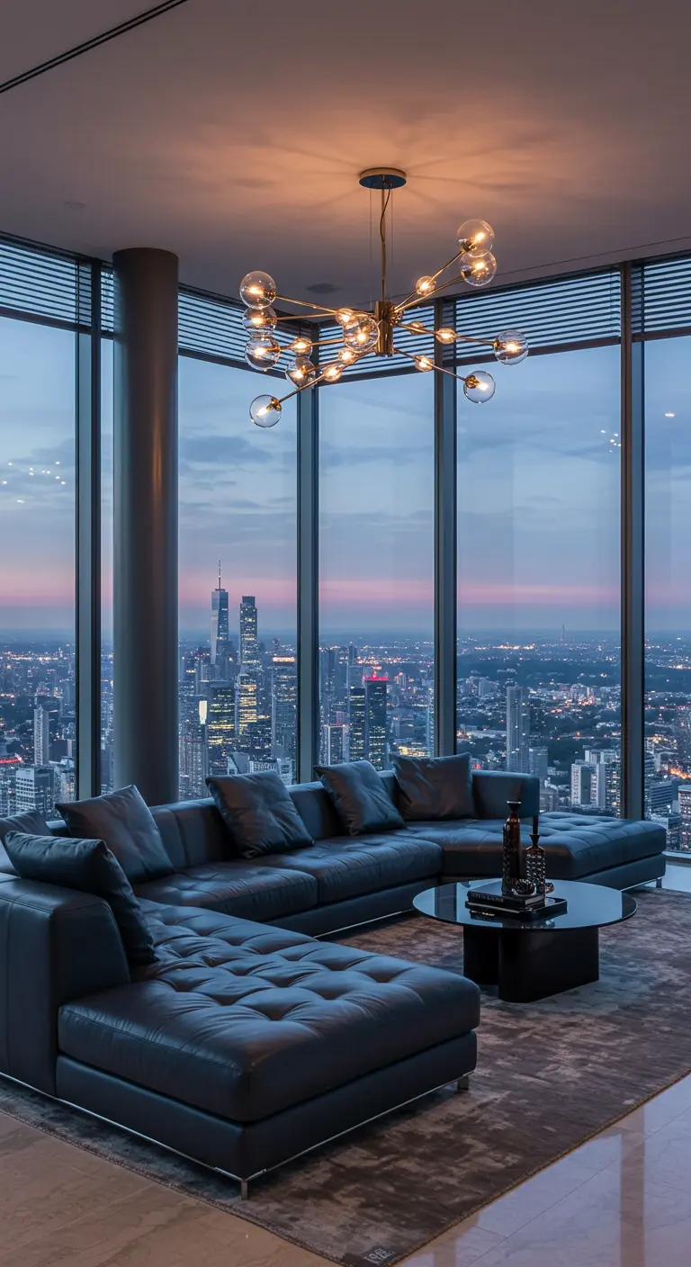 Donkere leren hoekbank in een penthouse met panoramisch uitzicht over de stad bij schemering.