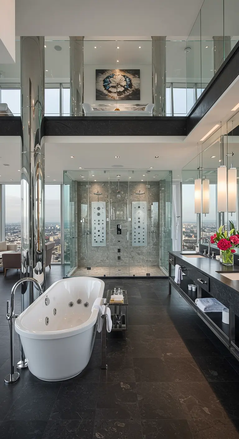 Ultra-moderne, ruime badkamer in penthouse-stijl met veel glas, donkere tegels en uitzicht.