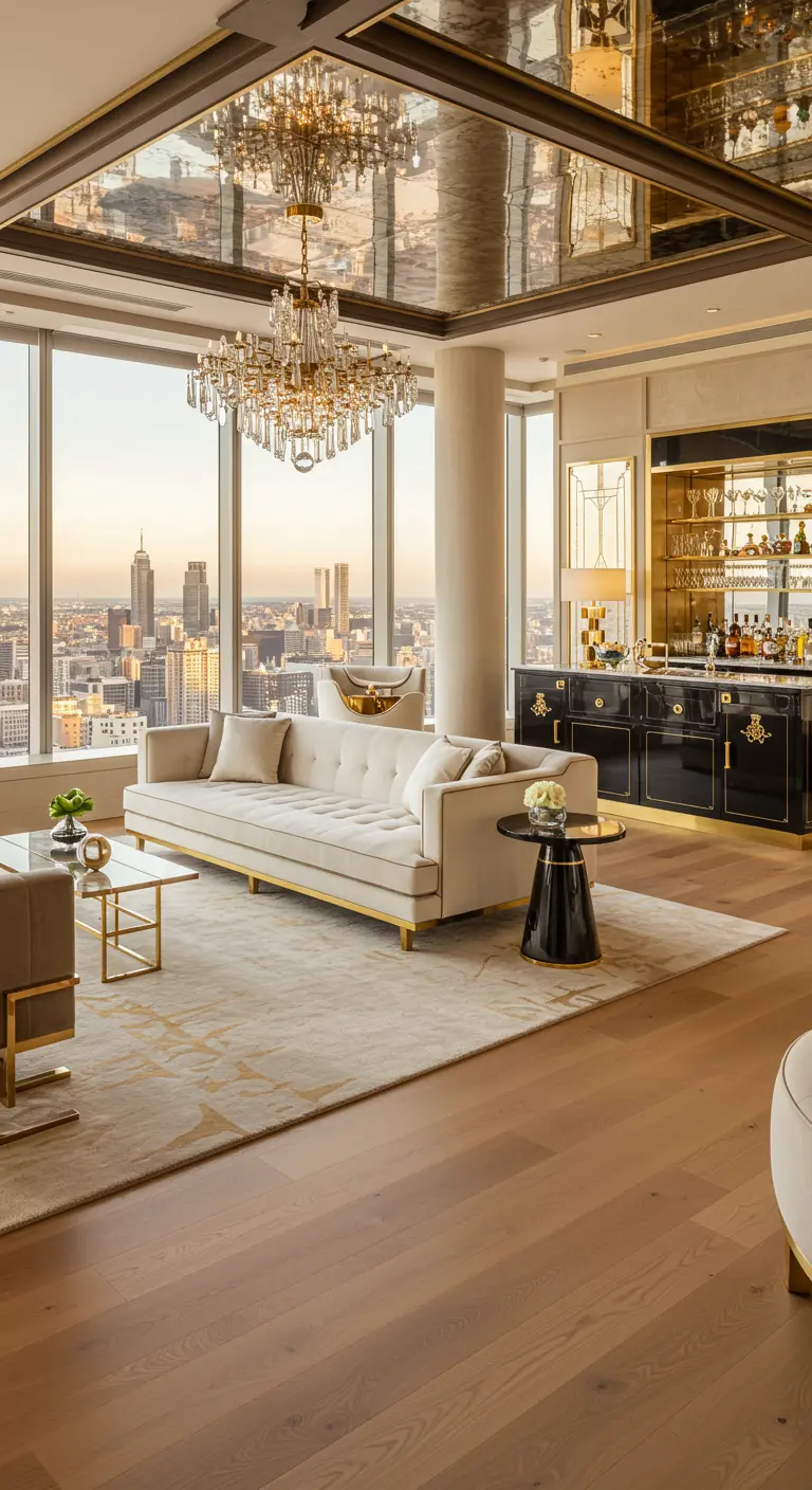 Luxe penthouse woonkamer met stadszicht, spiegelplafond en gouden bar.