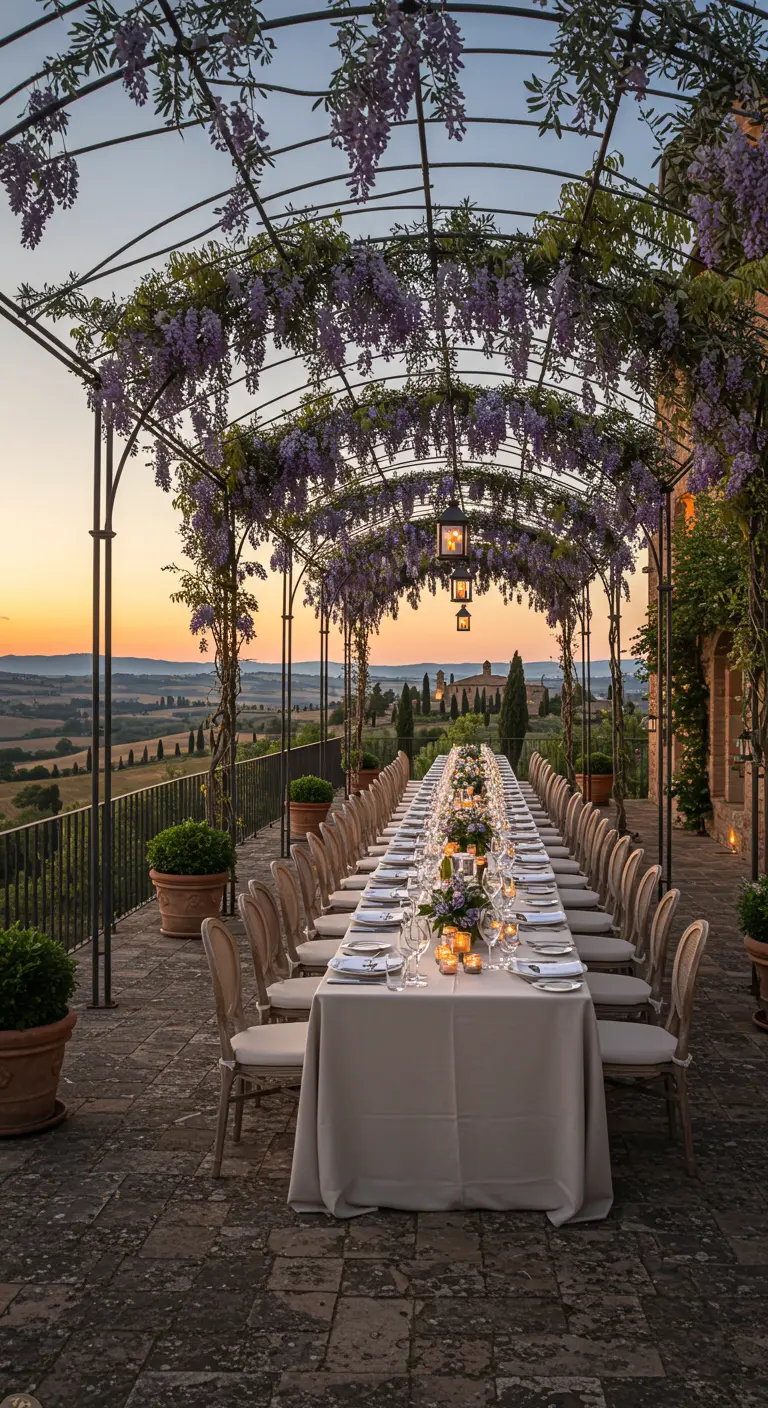 Lange dinertafel onder een pergola met hangende blauweregen en lantaarns, uitzicht op heuvels.