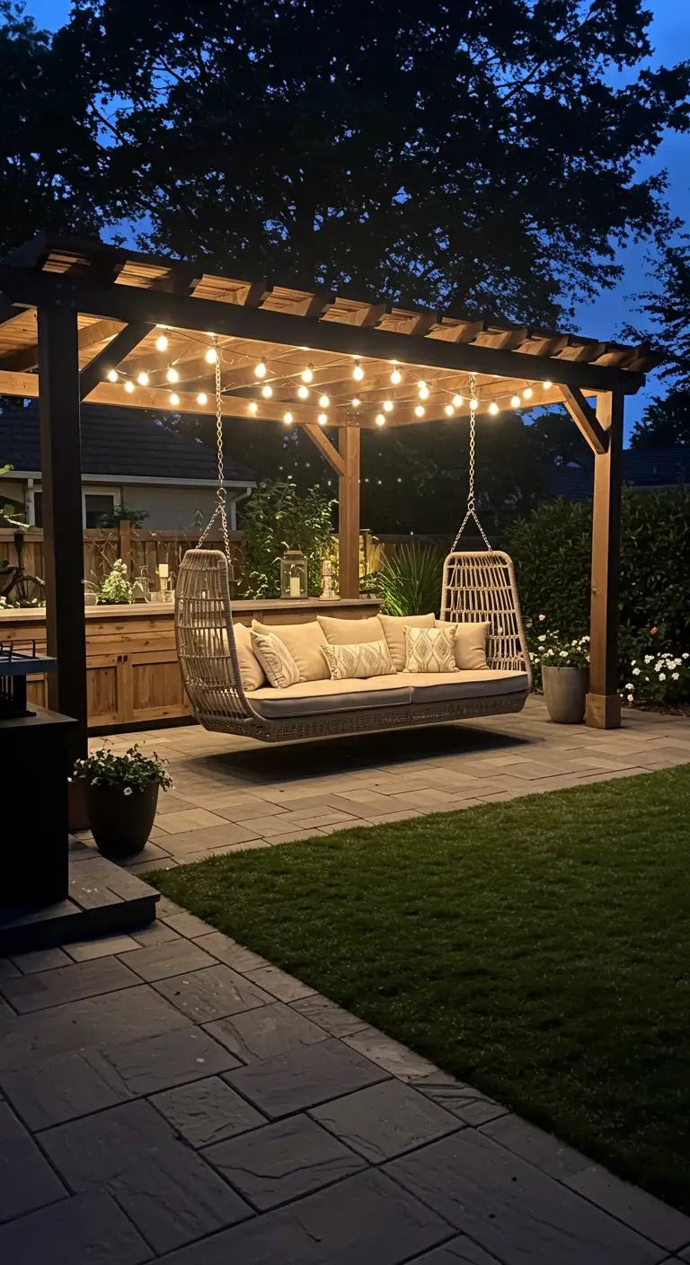 Terras 's nachts met grote rotan hangbank onder houten pergola met lichtsnoer.