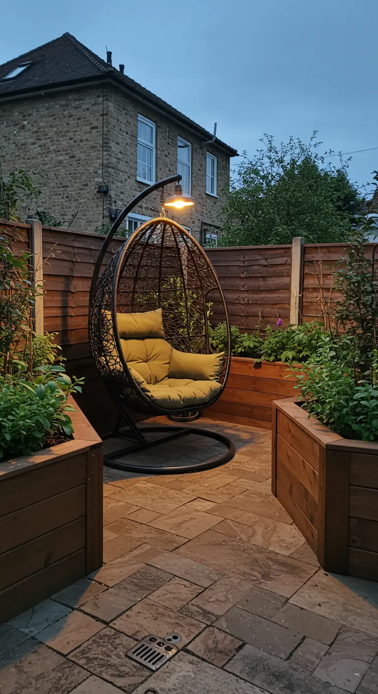 Zwart stalen pergola met hangstoel en zachte kussens, omringd door houten plantenbakken en hekwerk