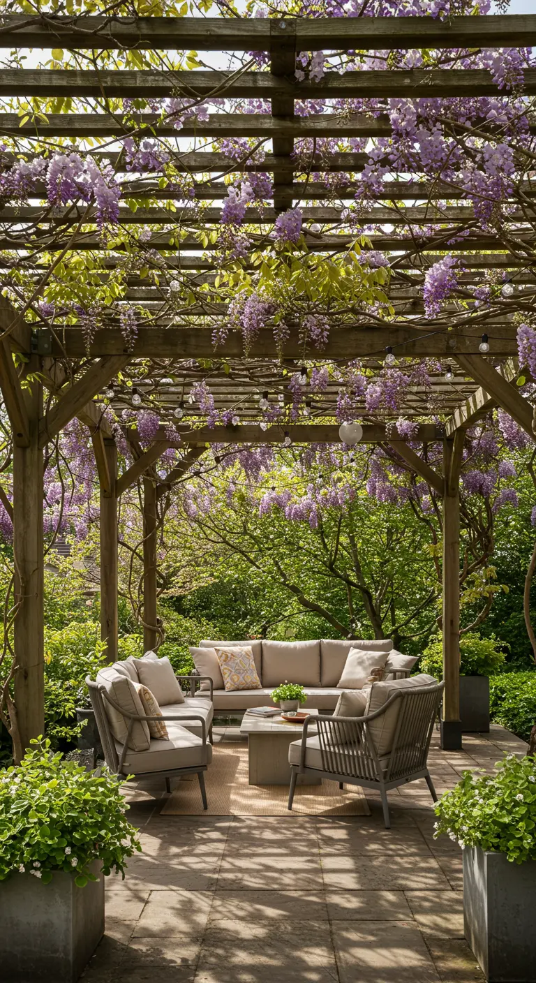 Loungeset onder een houten pergola begroeid met bloeiende blauweregen.