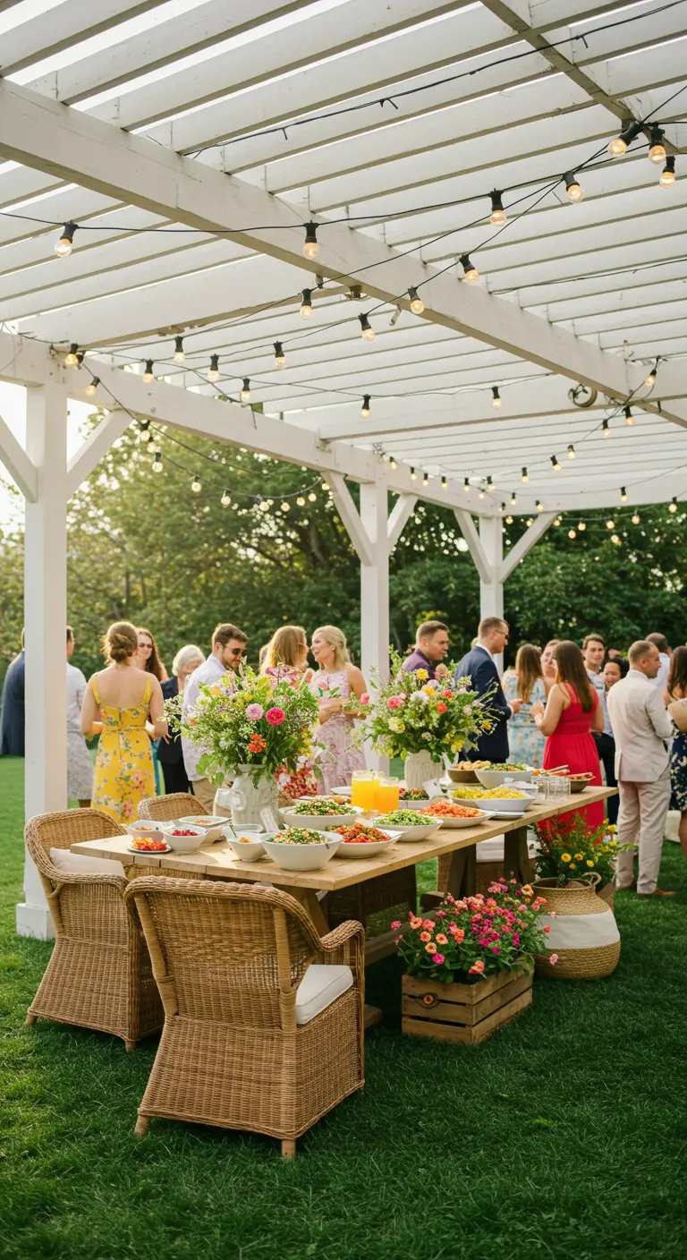 Tuinfeest onder witte pergola met lichtslingers boven een buffettafel.
