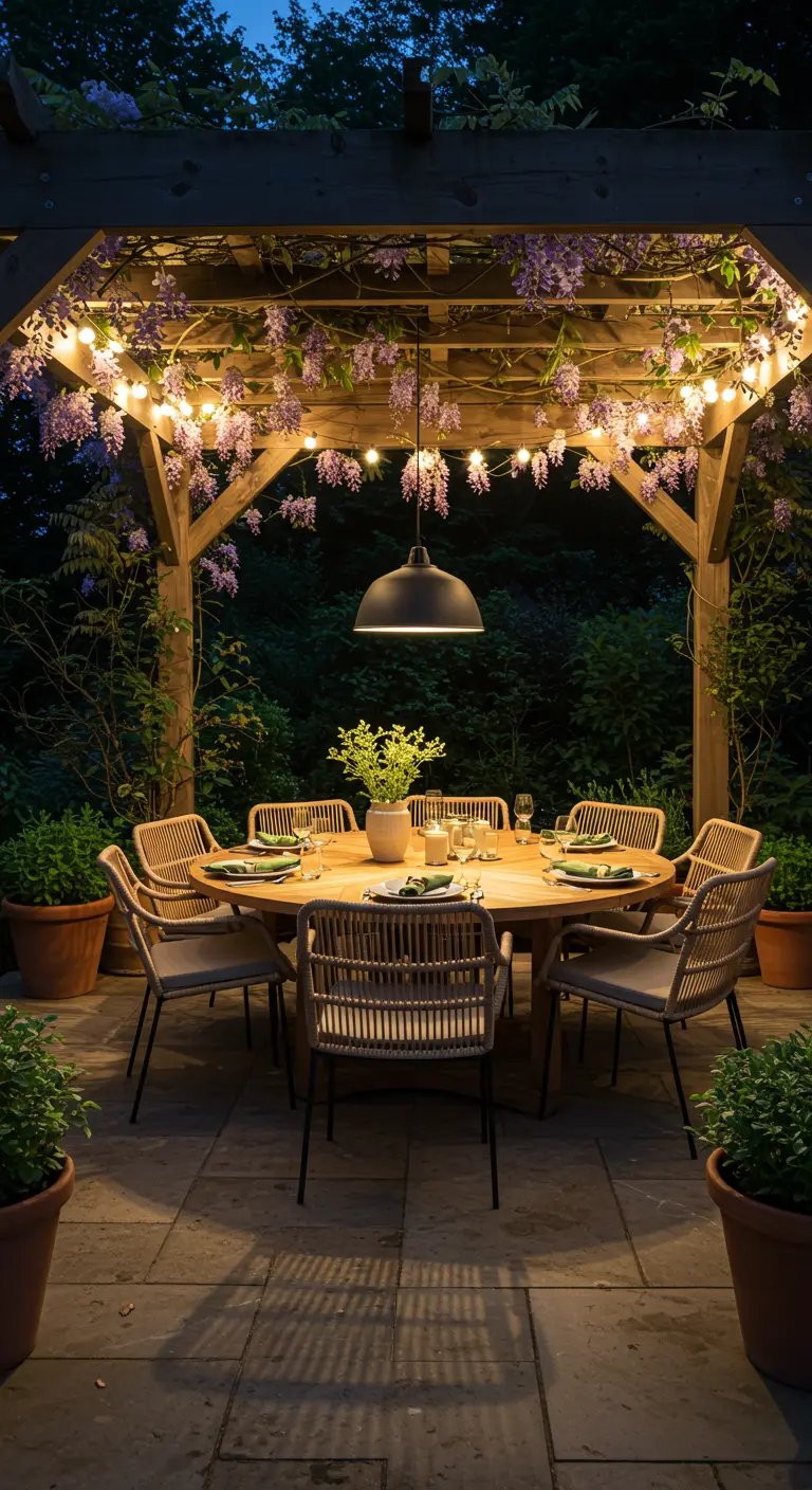 Ronde houten eettafel met rieten stoelen onder een houten pergola met lichtslingers en bloeiende klimplanten.