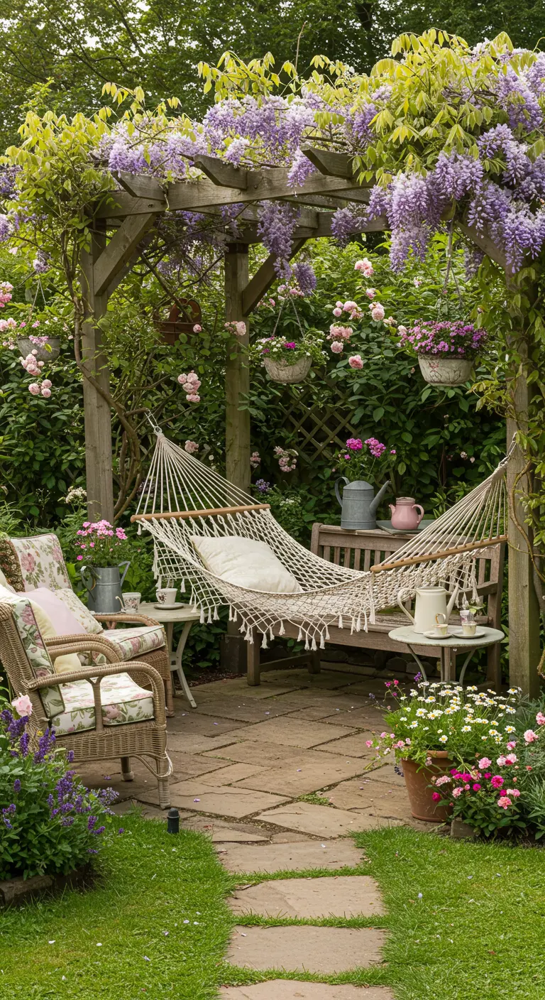 Witte hangmat onder een met bloemen begroeide pergola in een Engelse tuin.