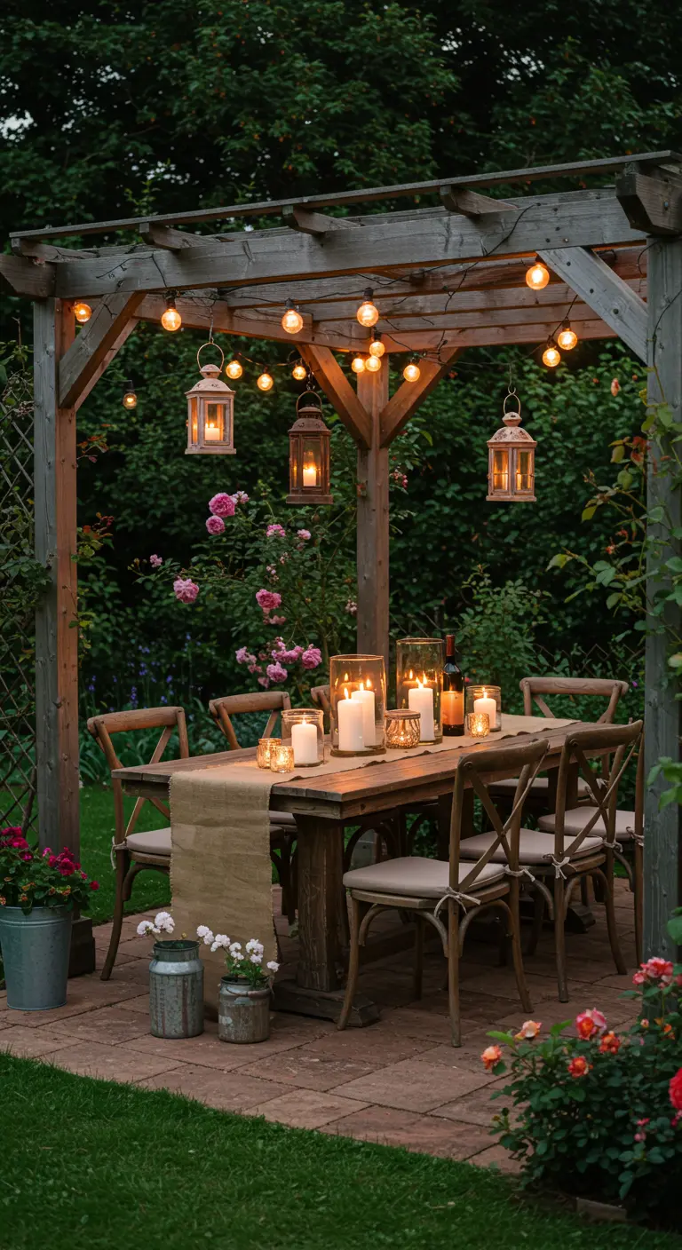 Rustieke eettafel onder pergola met lichtsnoeren en kaarsen.