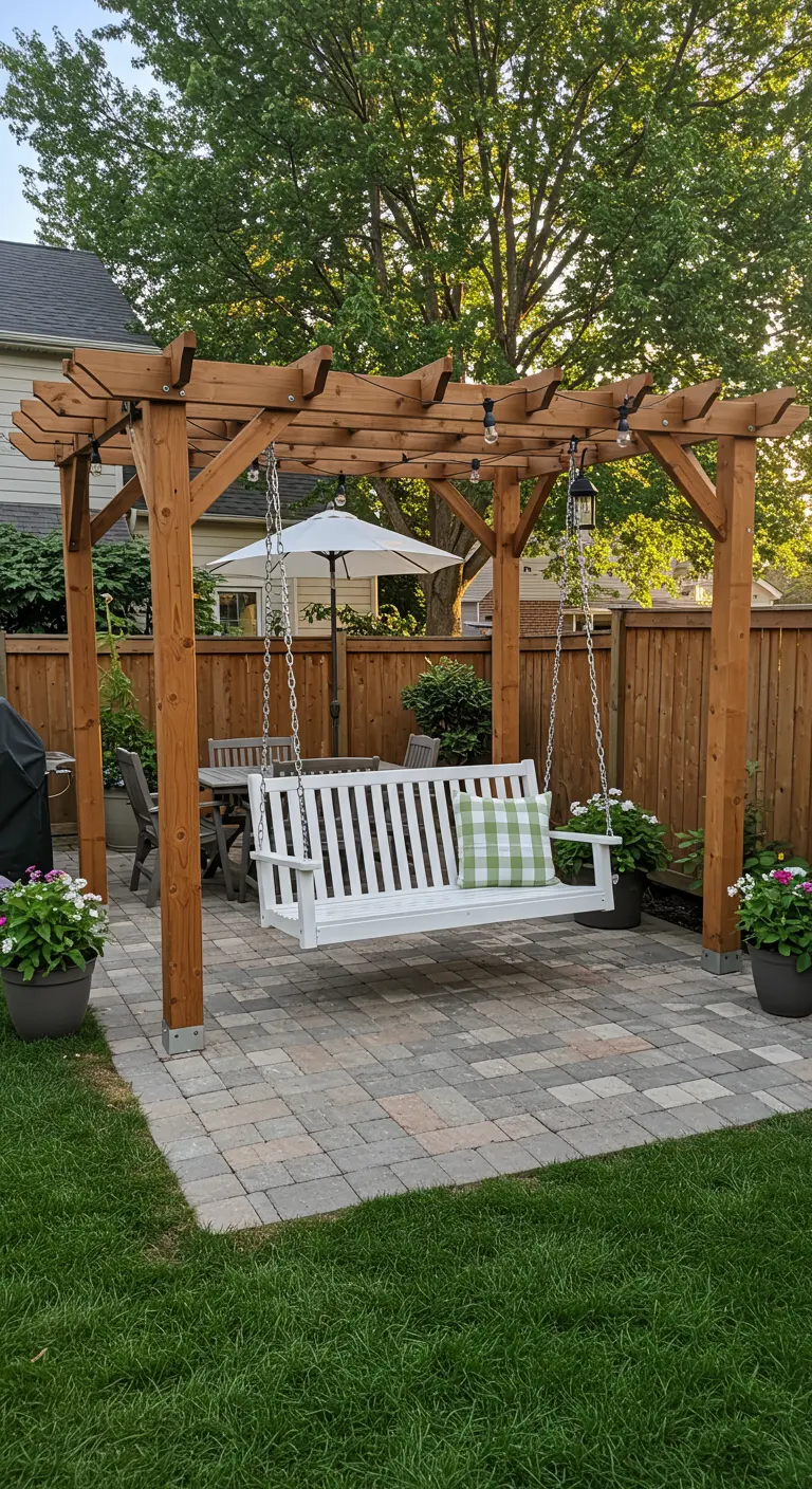 Witte houten schommelbank hangend aan een houten pergola in de tuin.