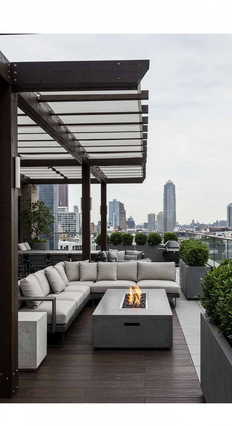 Modern dakterras met houten pergola, loungebank, vuurtafel en uitzicht over de stad.