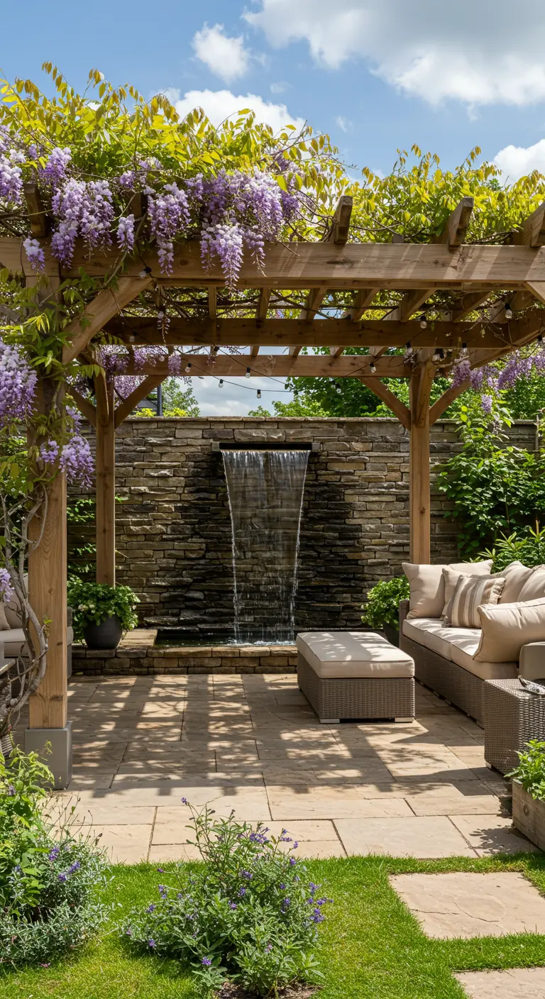 Patio met houten pergola, stenen watervalmuur en comfortabele loungeset.