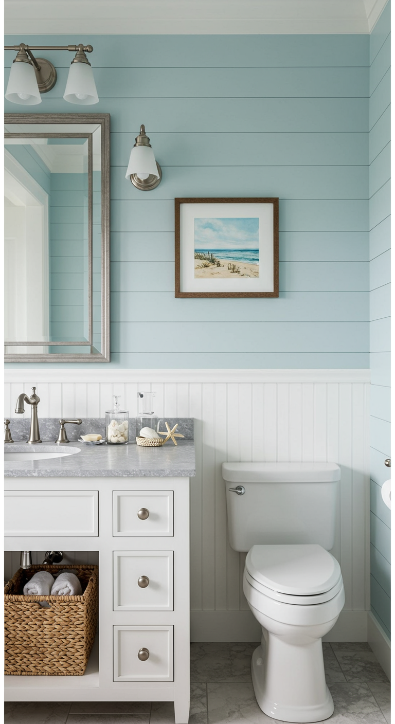 Ingelijst schilderij van een strandscène aan een lichtblauwe houten wand in de badkamer.