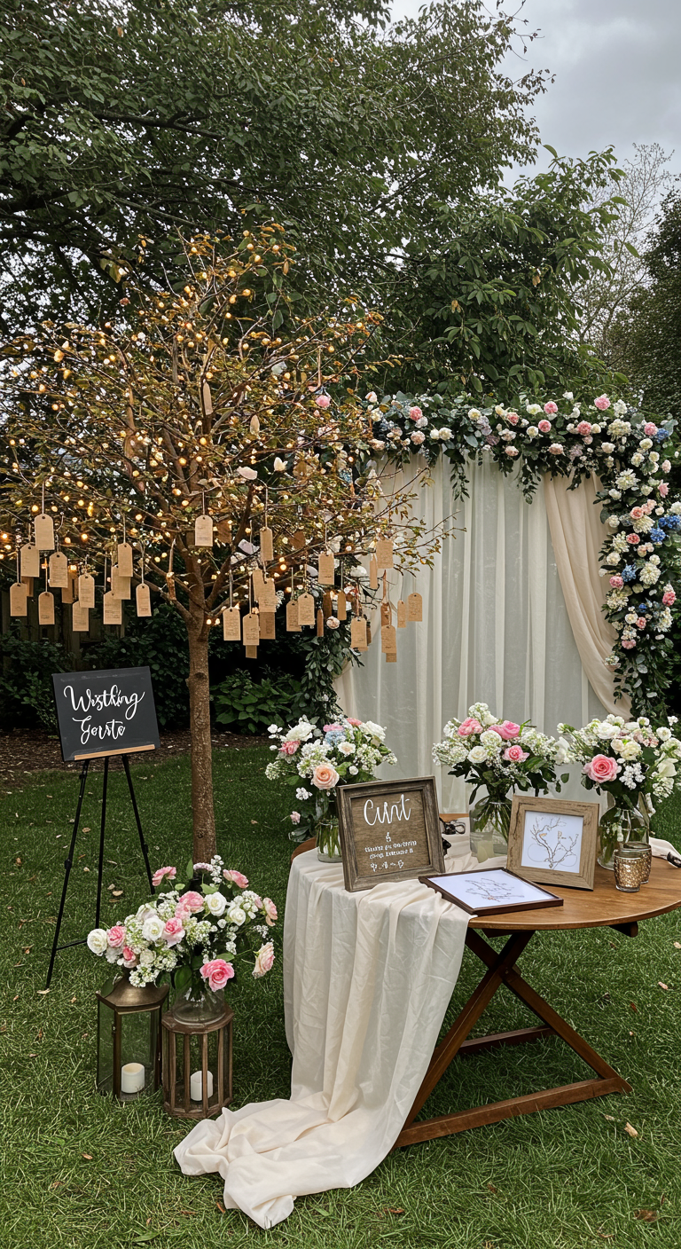 Wensboom met kaartjes en lichtjes, naast tafel met gastenboekitems.