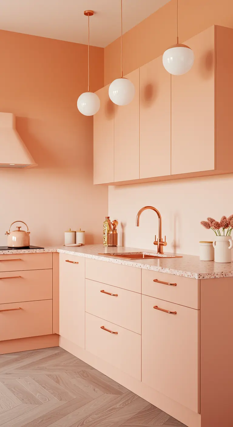 Moderne keuken volledig uitgevoerd in een zachte perzikkleur, met koperen kraan en details.