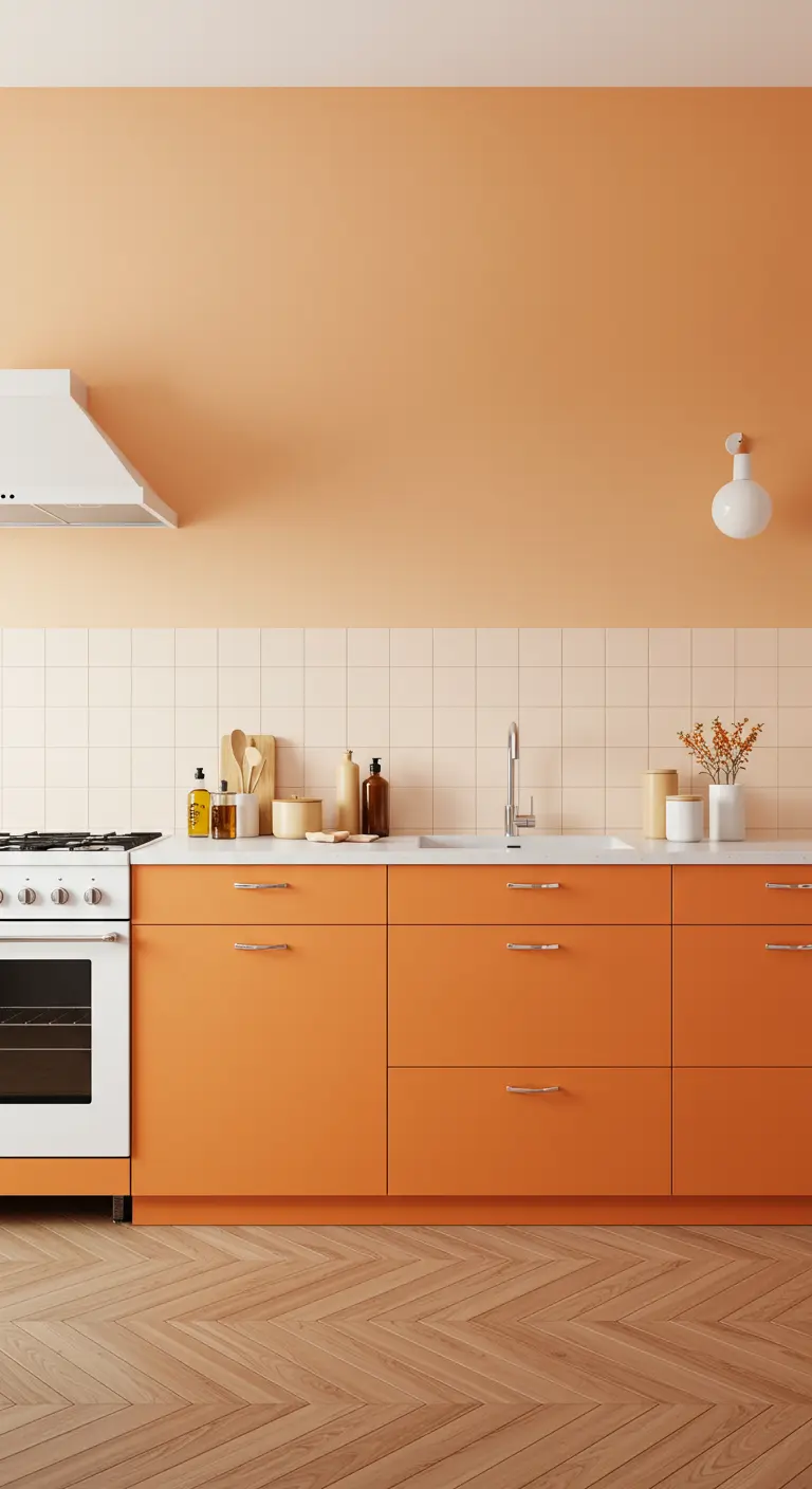 Zachte keuken met perzikkleurige onderkasten, crèmekleurige tegels en een lichte muur.