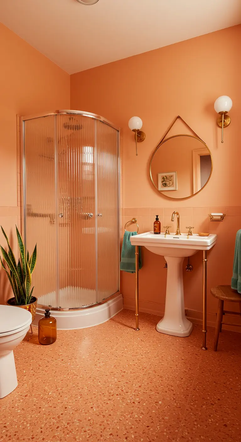 Retro badkamer met perzikkleurige muren, terrazzo vloer en gouden accenten.
