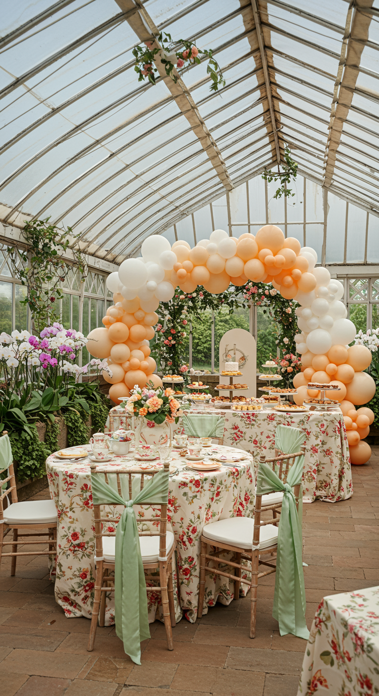 Perzik en witte ballonnenboog met bloemen in een kas voor een high tea.