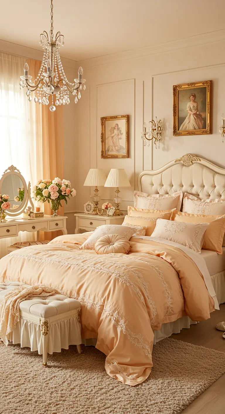 Romantische slaapkamer met perzikkleurig beddengoed, kroonluchter en klassieke meubels.