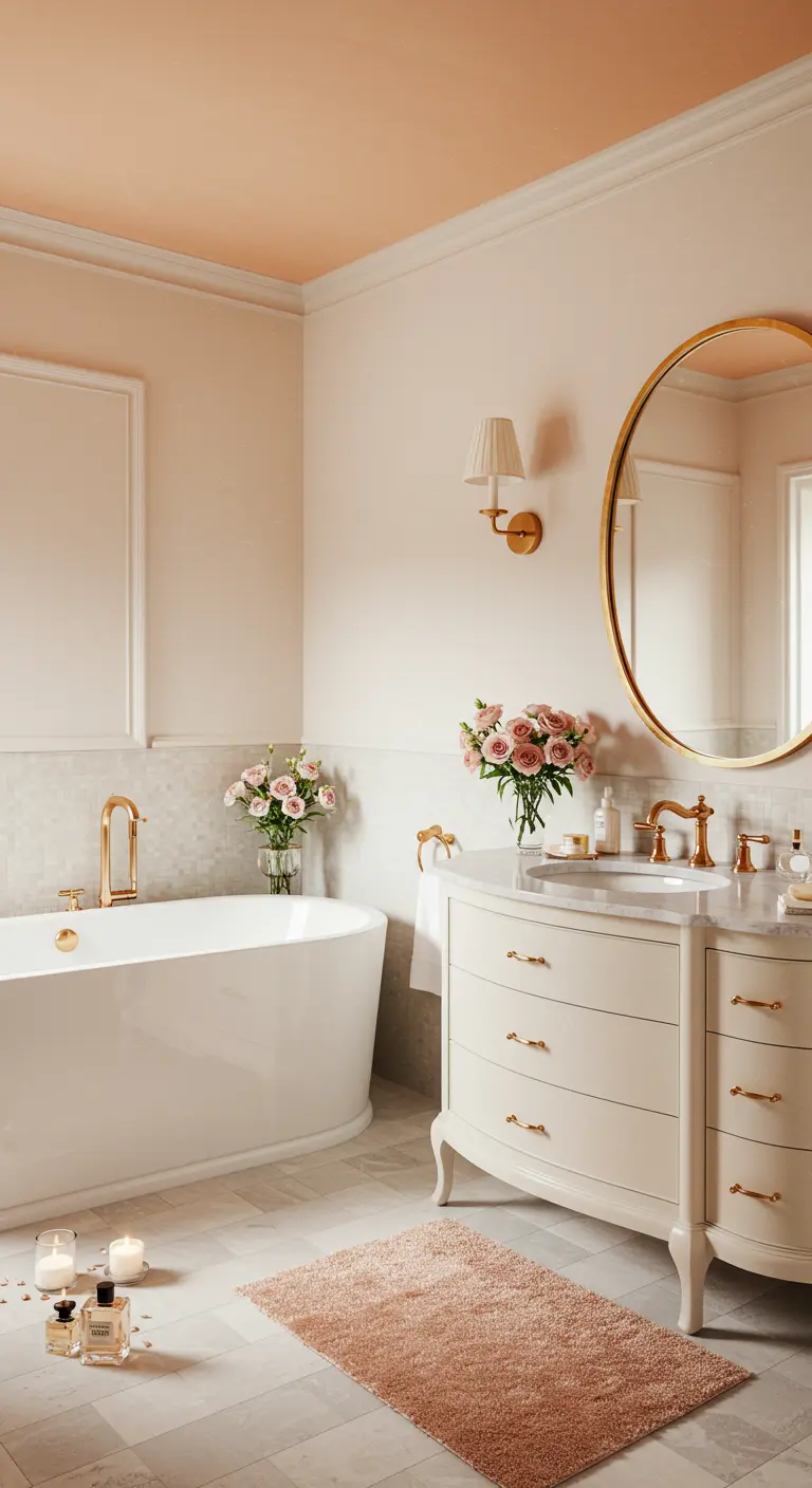 Elegante badkamer met zacht perzikkleurig plafond, crèmekleurige kasten en gouden details.