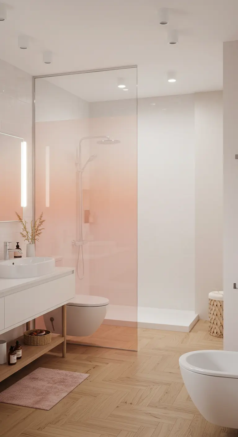 Lichte badkamer met een zacht perzik/roze ombré glazen douchewand en houten vloer.