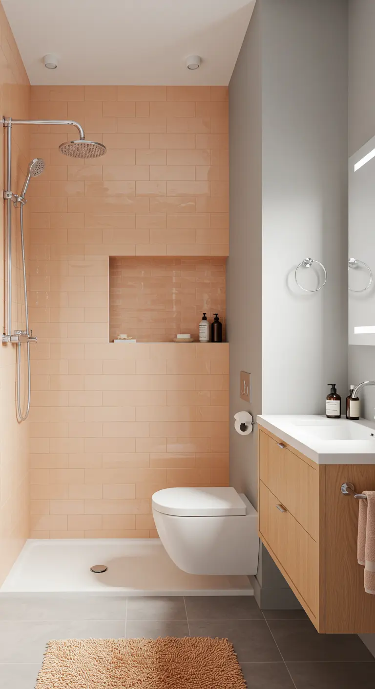 Moderne badkamer met perzikroze glanzende tegels in douche, ingebouwde nissen en grijs.
