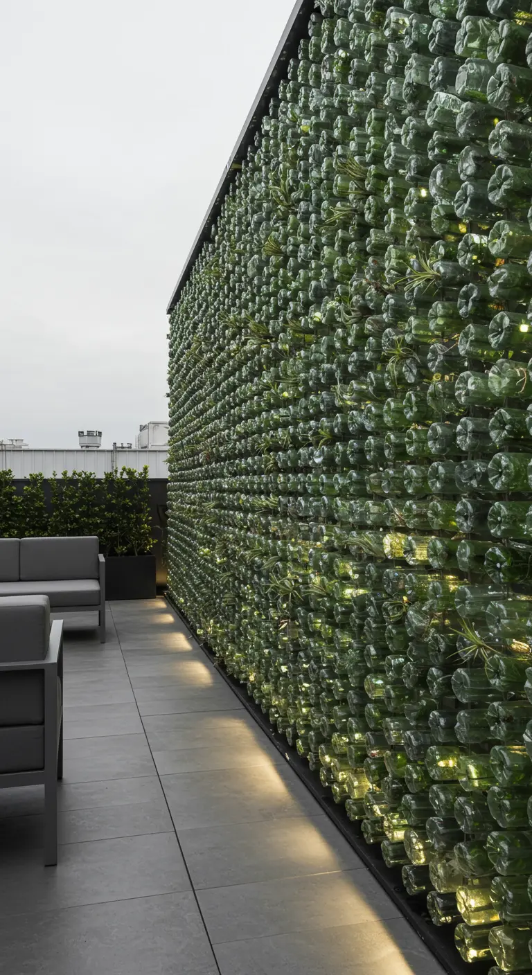 Verticale tuin gemaakt van gerecyclede plastic flessen met planten en subtiele verlichting.