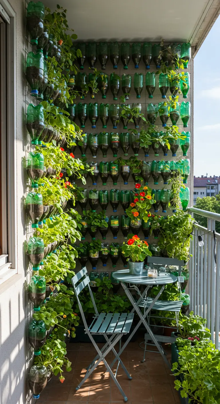 Verticale moestuin van plastic flessen met planten en aardbeien op een balkon.