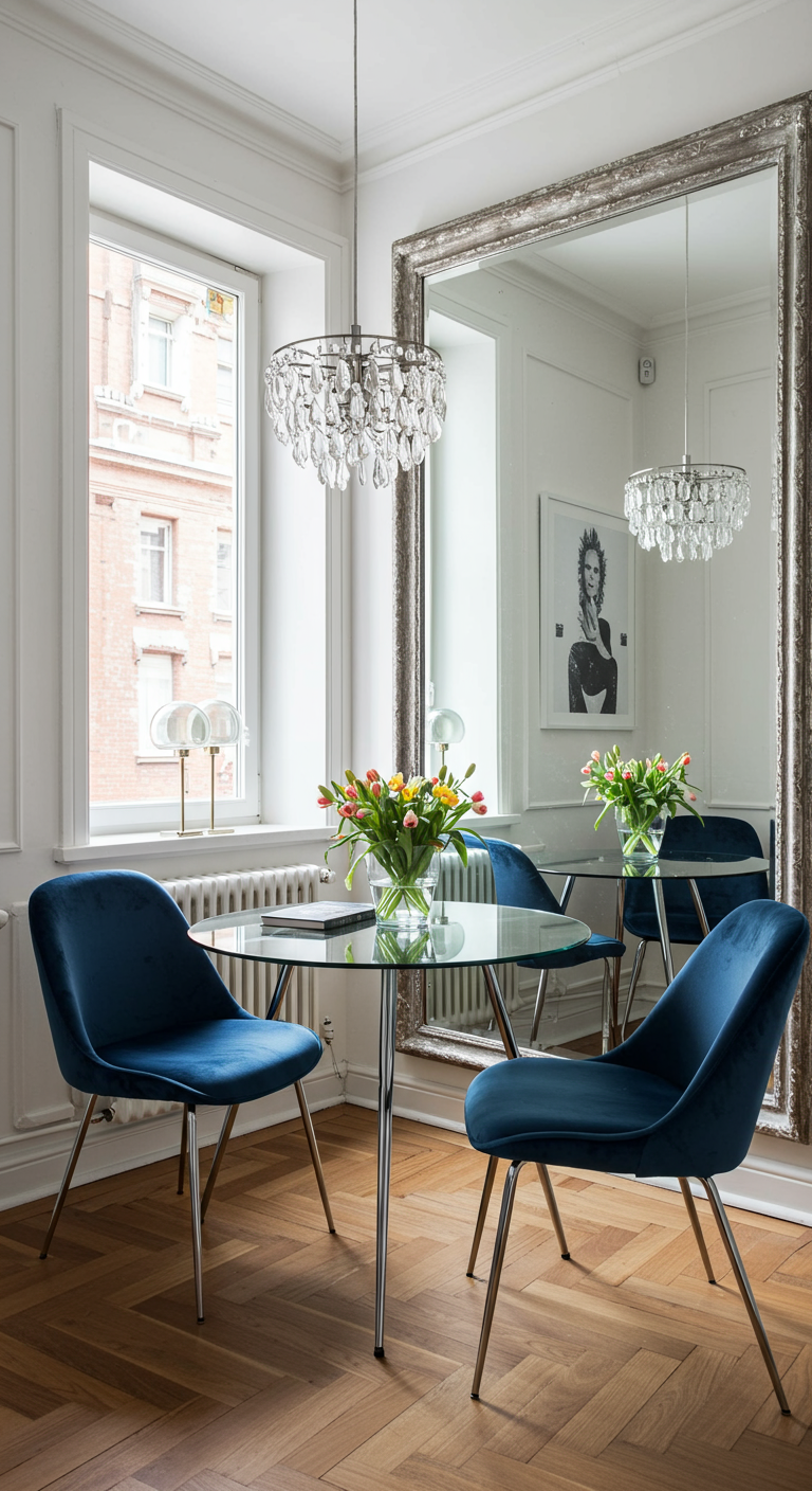 Kleine eethoek met ronde glazen tafel, blauwe fluwelen stoelen en grote spiegel.