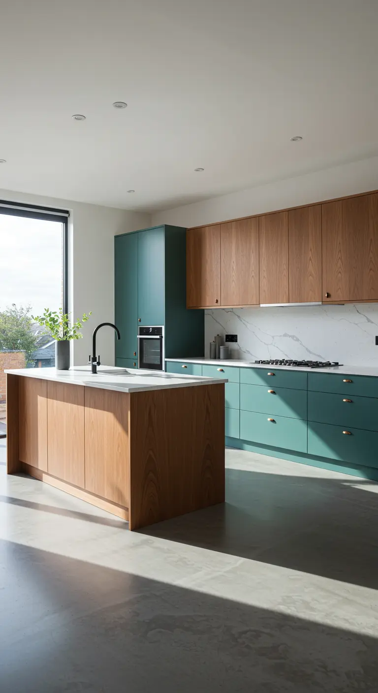 Moderne keuken met petrolgroene en houten kasten, groot raam en betonnen vloer.