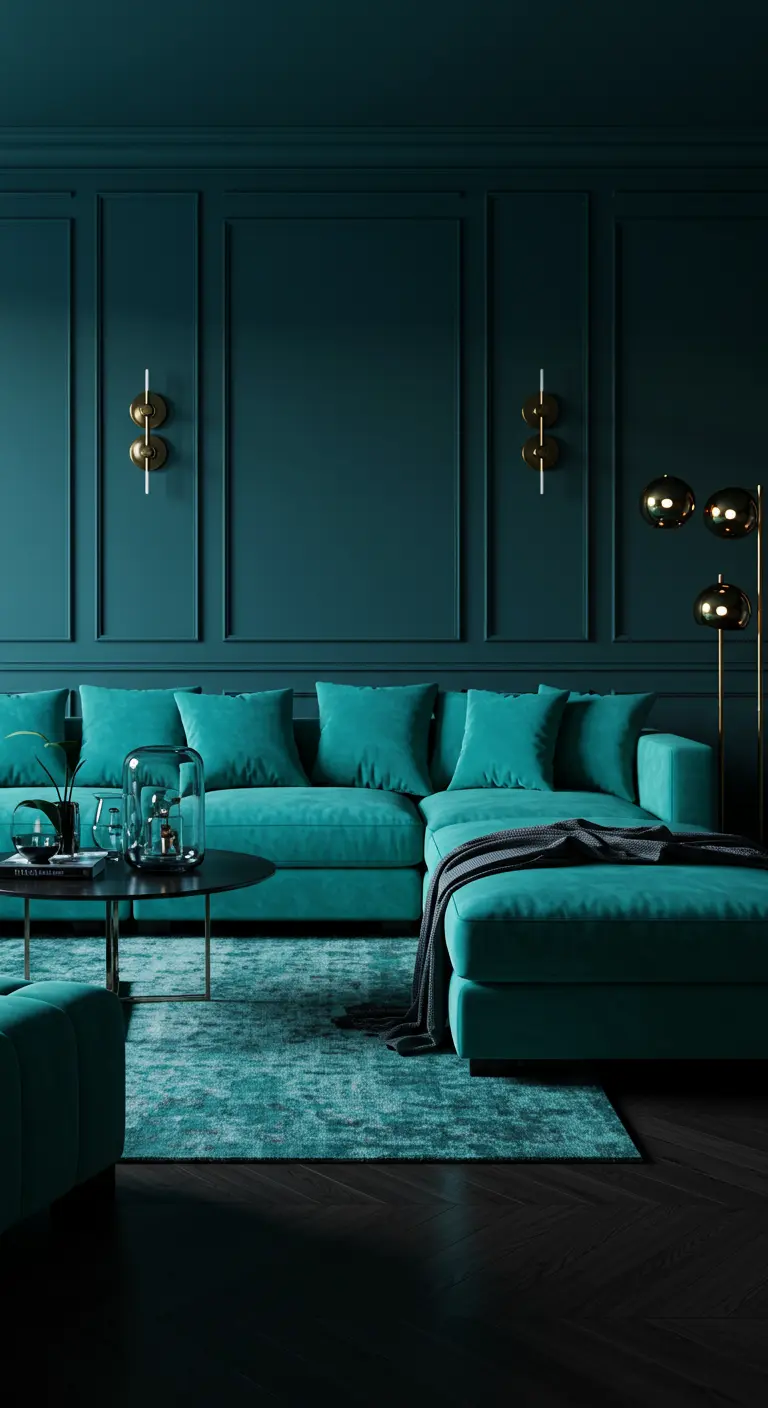 Luxe woonkamer in diep petrolblauw en turquoise met gouden accenten.