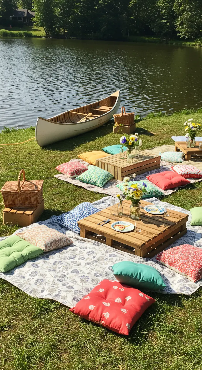 Kleurrijke picknick aan het water met pallettafels, kussens en een kano.
