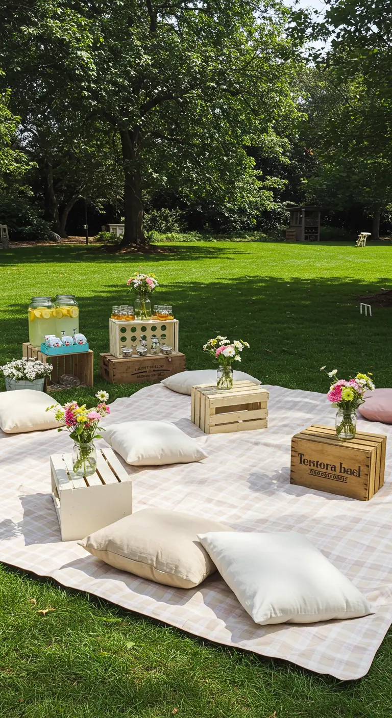Picknick lounge op een grasveld met plaid, kussens, houten kratten en bloemen.