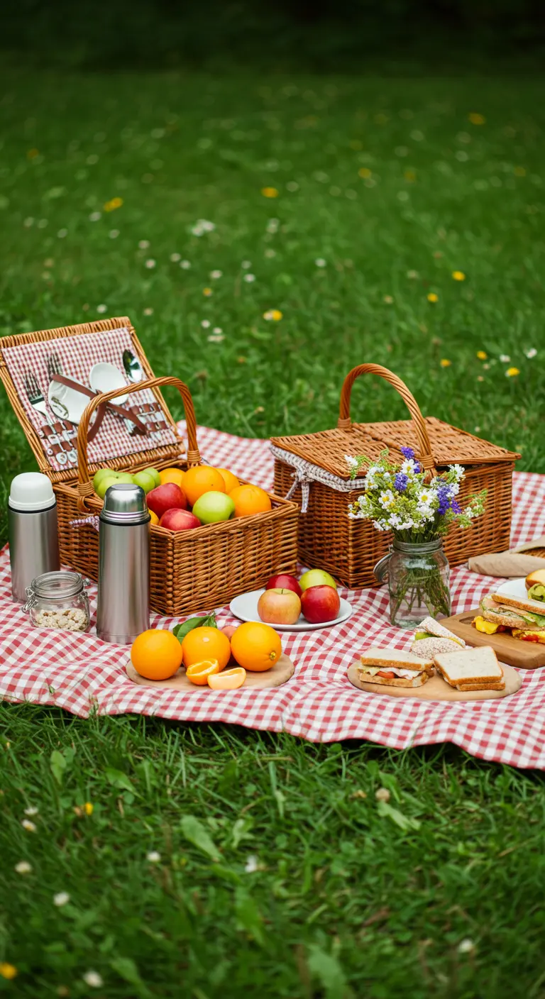 Picknickdeken met manden vol fruit, broodjes, thermosflessen en een vaasje veldbloemen.